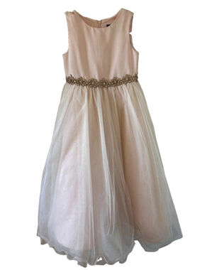 Chantilly Place Girls Light Pink 4 Layer Long Dress Size 6, Jeweled Princess